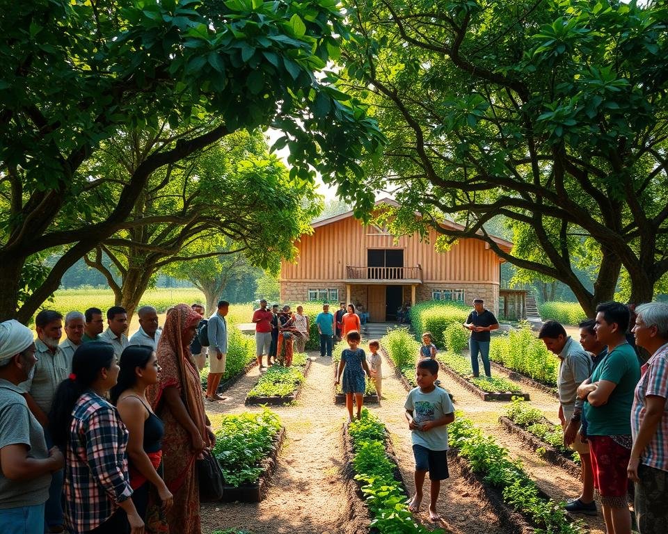 A bustling agroforestry community gathering, with diverse individuals collaborating under a canopy of lush, verdant trees. In the foreground, a group of farmers and local residents discuss crop rotation and soil management techniques, their faces animated with enthusiasm. In the middle ground, children play amid rows of vegetable gardens and small orchards, their laughter filling the air. In the background, a community center stands, its timber-framed architecture blending seamlessly with the natural landscape. Warm, diffused sunlight filters through the leaves, creating a sense of harmony and interconnectedness between the people, the land, and the ecosystem. The scene radiates a spirit of cooperation, education, and a shared commitment to sustainable agriculture.