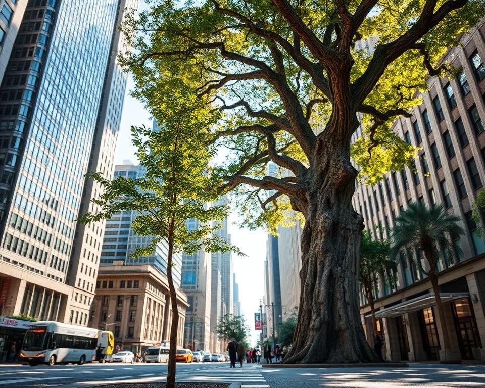 A bustling urban street, lined with towering skyscrapers and bustling with life. In the foreground, two trees stand in stark contrast - one a young sapling, the other a mature, gnarled specimen. Sunlight filters through the leaves, casting warm, dappled shadows across the pavement. The sapling, its trunk slender and its branches delicate, struggles to reach for the sky, while the older tree, weathered and resilient, stands tall and proud, its thick trunk and sprawling canopy a testament to its enduring growth. The scene captures the dynamic interplay between the natural and the built environment, inviting the viewer to contemplate the resilience and adaptability of urban tree species.