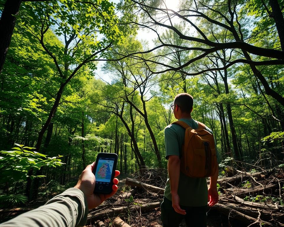 A challenging GIS mapping scenario in a dense forest canopy. In the foreground, a forestry worker navigates a rugged terrain, wielding a handheld GIS device to collect data on tree species and growth patterns. The middle ground reveals a complex array of lush greenery, with intricate tree branching obscuring the sky above. Dappled sunlight filters through the leaves, casting dynamic shadows on the forest floor. In the background, a tangle of undergrowth and fallen logs creates a sense of depth and density, hinting at the difficulties of accurately mapping this environment. The scene conveys the technical complexity and environmental challenges of using GIS technology for silvicultural assessments in a mature forest setting.