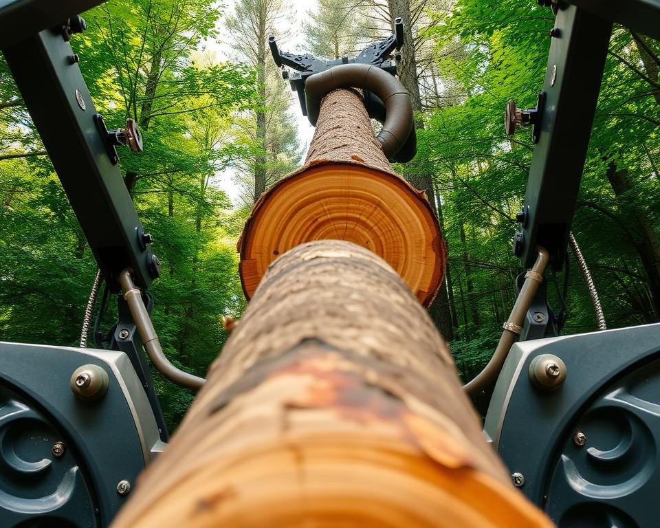 A close-up view of two large hydraulic log loaders, their hydraulic arms extended and grasping massive tree trunks. The loaders are positioned in a forested environment, with lush greenery and dappled sunlight filtering through the canopy. The machines' metallic surfaces gleam under the natural lighting, showcasing their power and precision. The scene conveys the efficient and smooth operation of these specialized logging tools, hinting at their crucial role in timber harvesting and transportation.