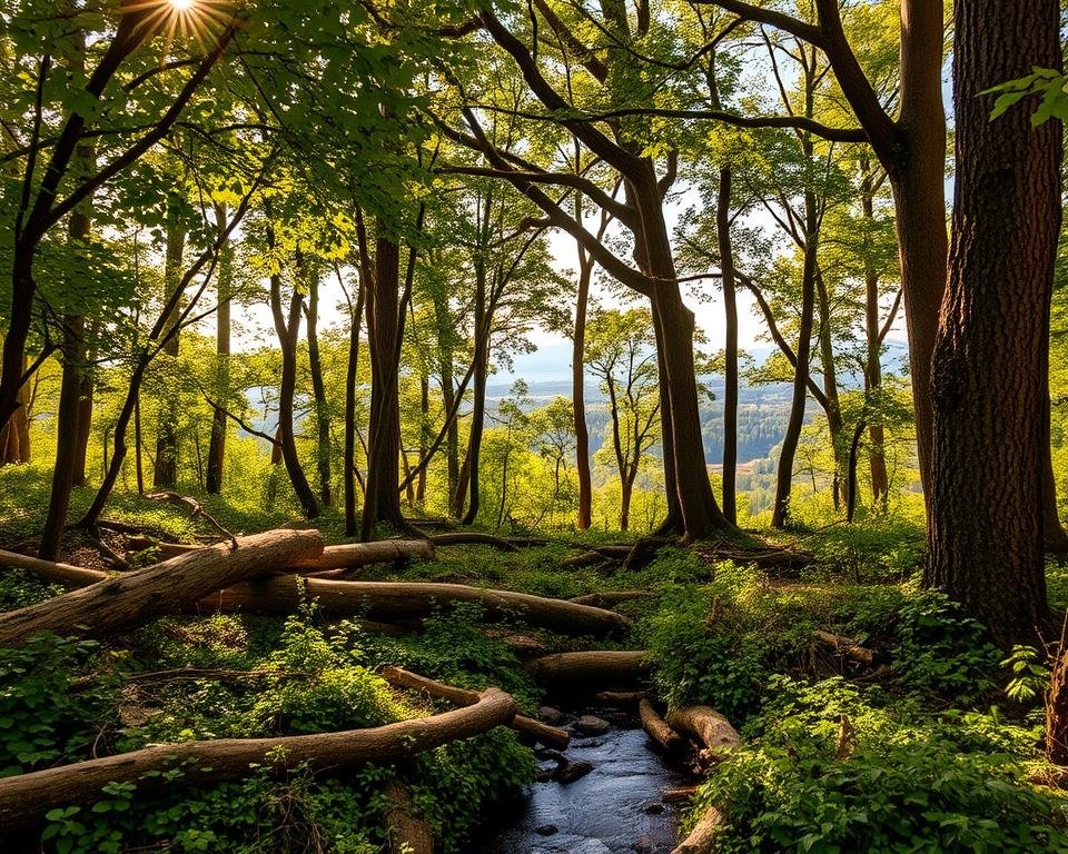 A dense, lush forest canopy with sunlight filtering through the leaves, casting a warm, golden glow. In the foreground, a network of diverse undergrowth and fallen logs, teeming with life. A small stream meanders through the scene, its waters reflecting the surrounding vegetation. In the middle ground, towering trees with thick, gnarled trunks and branches reaching skyward, demonstrating the long-term benefits of sustainable forestry practices. The background is a panoramic vista of rolling hills and distant mountains, hinting at the broader ecosystem in which this managed forest thrives. The overall mood is one of balance, harmony, and the careful stewardship of a vibrant, resilient natural environment.