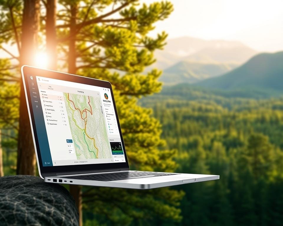 A detailed and realistic visualization of a forest transportation planning tool, featuring a sleek and modern user interface displayed on a laptop or tablet. The foreground showcases the software's key functionality, with intuitive controls and a clear layout for mapping trails, analyzing terrain, and optimizing routes. The middle ground depicts a lush, verdant forest backdrop, with sunlight filtering through the canopy and creating a warm, naturalistic atmosphere. In the background, rolling hills and distant mountains suggest the tool's ability to handle large-scale forest management projects. The overall composition conveys a sense of efficiency, practicality, and seamless integration with the natural environment.