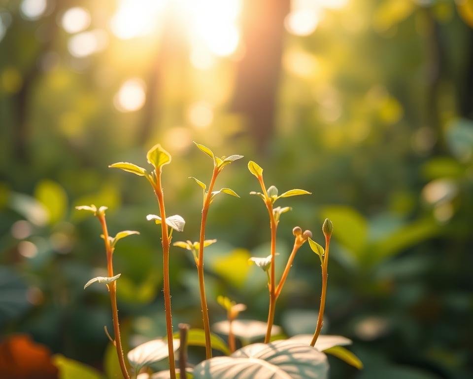 A detailed close-up of several native tree seedlings in a natural forest setting, showcased against a soft, blurred backdrop of lush, verdant foliage. The seedlings are shown in various stages of growth, with delicate leaves and fragile stems, illustrating the process of natural propagation. Warm, diffused lighting filters through the canopy, casting a gentle glow on the scene. The composition emphasizes the vulnerable yet resilient nature of these young trees, inviting the viewer to observe the intricate cycles of growth and renewal in a native woodland ecosystem.