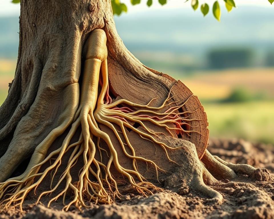 A detailed cross-section of a tree trunk, showcasing the intricate process of nutrient uptake. In the foreground, the fine root system is visible, delicately branching out and absorbing minerals and water from the soil. The middle ground depicts the tree's vascular system, with the xylem and phloem vessels transporting nutrients and carbohydrates vertically through the trunk. The background features a soft, blurred landscape, emphasizing the tree's connection to its surrounding environment. The lighting is natural and warm, casting a gentle glow on the organic textures. The overall composition is clean, precise, and scientifically accurate, allowing the viewer to fully understand the tree's nutrient uptake mechanisms.