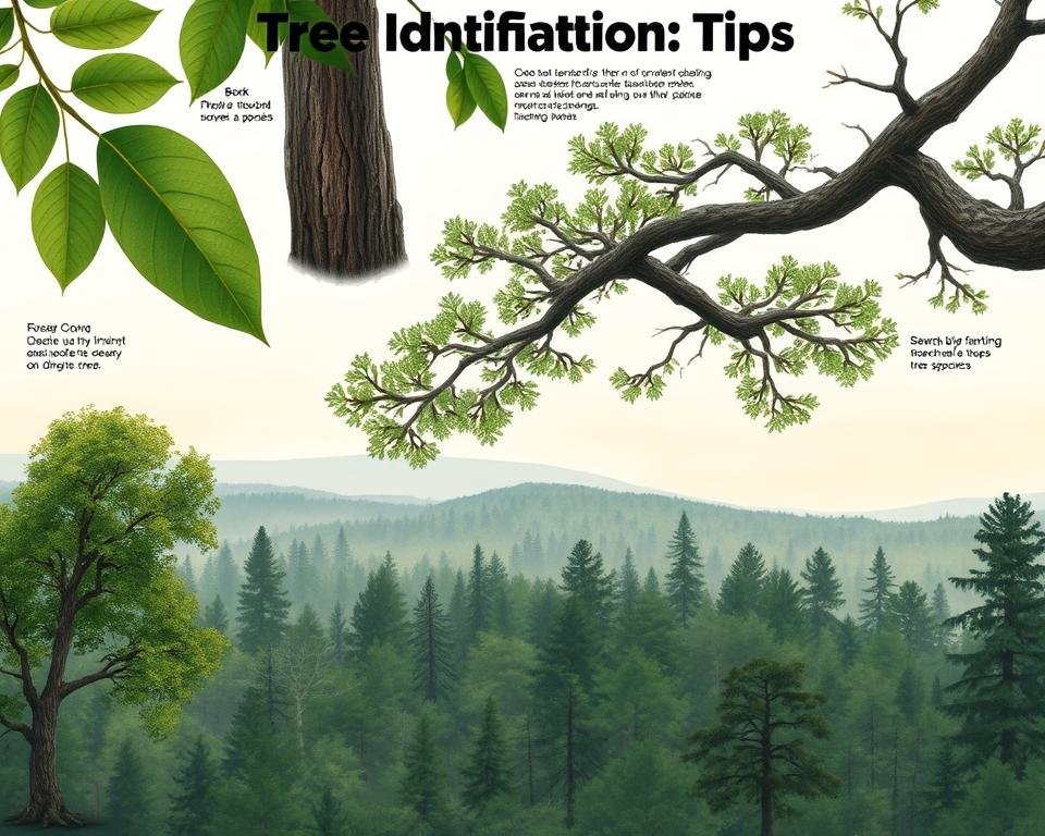 A detailed illustration showcasing various tree identification tips. In the foreground, close-up views of leaves, bark, and branching patterns, highlighting the distinctive features used to recognize different tree species. In the middle ground, a panoramic forest scene with a variety of mature trees, their silhouettes and overall shapes clearly visible. In the background, a softly lit sky with soft, diffused lighting illuminating the scene. Crisp, high-resolution rendering with a naturalistic, documentary-style aesthetic to effectively convey the educational intent of the image.