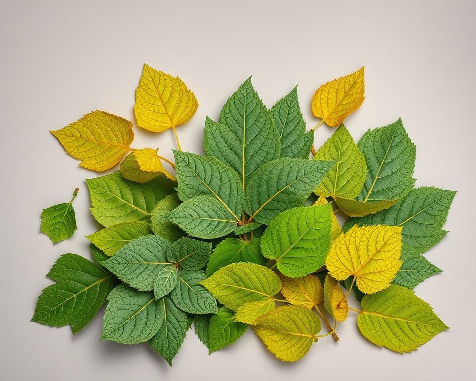A detailed, meticulously composed still life photograph showcasing an assortment of vibrant, verdant leaves in various shapes and sizes, each exemplifying the distinctive features of common tree species. The leaves are arranged against a plain, neutral background, allowing their intricate textures, vein patterns, and rich hues to take center stage. Crisp, even lighting from above casts subtle shadows, accentuating the dimensional qualities of the leaves. The camera is positioned to capture a tight, close-up framing, inviting the viewer to closely examine and compare the unique characteristics of each leaf sample. An authoritative, educational tone pervades the scene, as if to visually guide the audience through the process of tree identification based on leaf morphology.