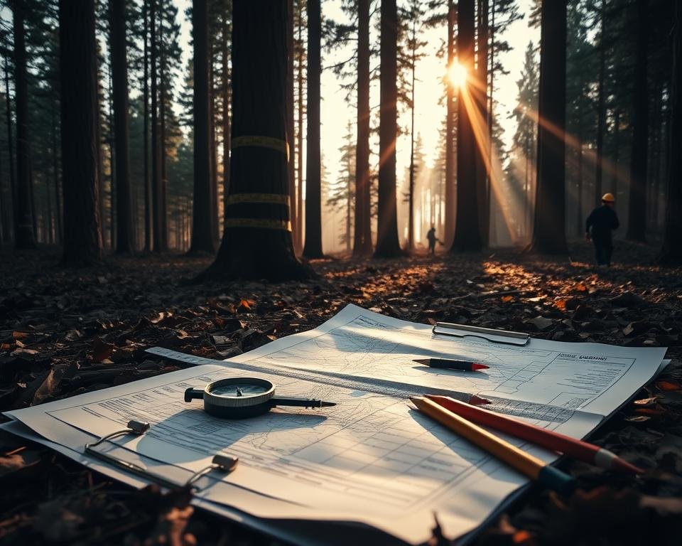 A dimly lit forest clearing, the ground covered in fallen leaves and branches. In the foreground, a surveyor's compass and a set of calipers lie on a topographic map, surrounded by scattered clipboard pages and pencils. The middle ground features a stand of towering, majestic pines, their trunks marked with measurement tapes. Shafts of warm, golden light filter through the canopy, casting a soft, contemplative glow across the scene. In the background, shadowy figures of forestry workers move through the undergrowth, their movements captured in a sense of quiet diligence. The overall atmosphere conveys the challenging yet rewarding nature of timber inventory analysis, a crucial component of sustainable silviculture.