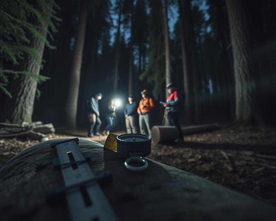A dimly lit forest clearing, with a team of forest management professionals gathered around a collection of standard inventory tools. In the foreground, a detailed view of a clinometer, a compass, and a diameter tape resting on a fallen log. The middle ground features the researchers diligently recording measurements, their faces illuminated by the soft glow of headlamps. In the background, the dense canopy of towering evergreens casts long shadows, creating a sense of depth and mystery. The scene is captured with a wide-angle lens, emphasizing the scale and complexity of the forest environment. The overall mood is one of focused, careful observation, with a touch of the adventurous spirit of field research.