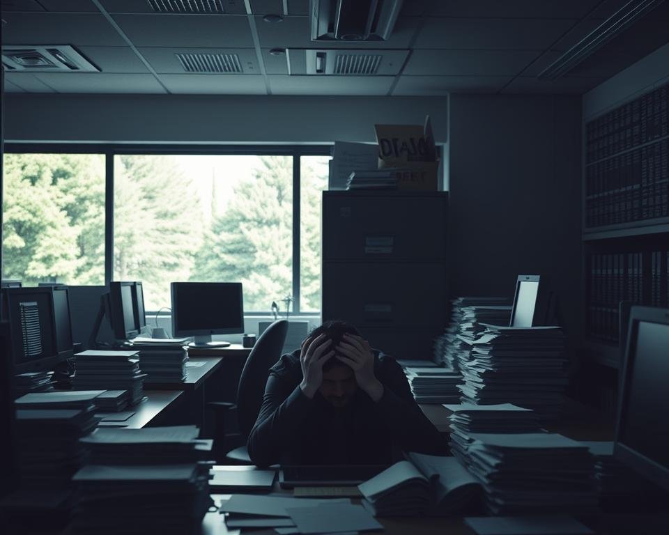 A dimly lit office, desks cluttered with stacks of paper, computer screens displaying endless rows of data. In the foreground, a frustrated worker hunches over, hands gripping their head, surrounded by the limitations of analog data collection. The middle ground features a looming filing cabinet, a symbol of the overwhelming volume of information. In the background, a window looks out onto a lush forest, a reminder of the natural world beyond the confines of the office. Muted colors and heavy shadows convey the sense of frustration and inefficiency inherent in outdated inventory management tools.