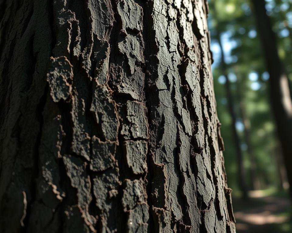 A dynamic, close-up view of a tree trunk, showing the intricate patterns of bark and the visible signs of growth over time. The image is captured with a high-resolution camera lens, showcasing the textures and details with clarity. The lighting is soft and directional, casting subtle shadows that accentuate the tree's features. The background is blurred, allowing the viewer to focus on the tree's trunk and its evolution. The overall mood is one of scientific observation and appreciation for the natural processes that shape the health and development of a tree within a forest ecosystem.
