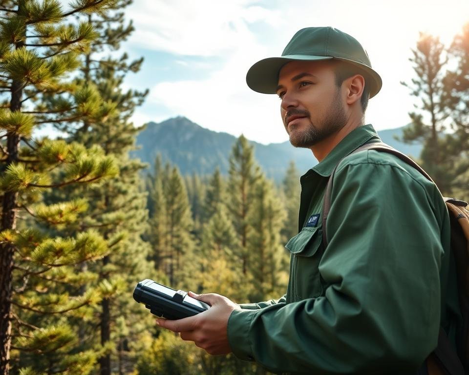 A forestry worker in a green uniform, equipped with a handheld GPS device, navigates through a lush, verdant forest. The sun's rays filter through the canopy of towering pine and oak trees, casting a warm, dappled light on the scene. In the background, a rugged mountain range rises, its peaks obscured by wispy clouds. The worker's expression is one of focus and determination as they carefully survey the terrain, using the GPS to map out the optimal growth patterns and management strategies for this sustainable silviculture project. The overall atmosphere conveys a sense of balance, technology, and environmental stewardship.