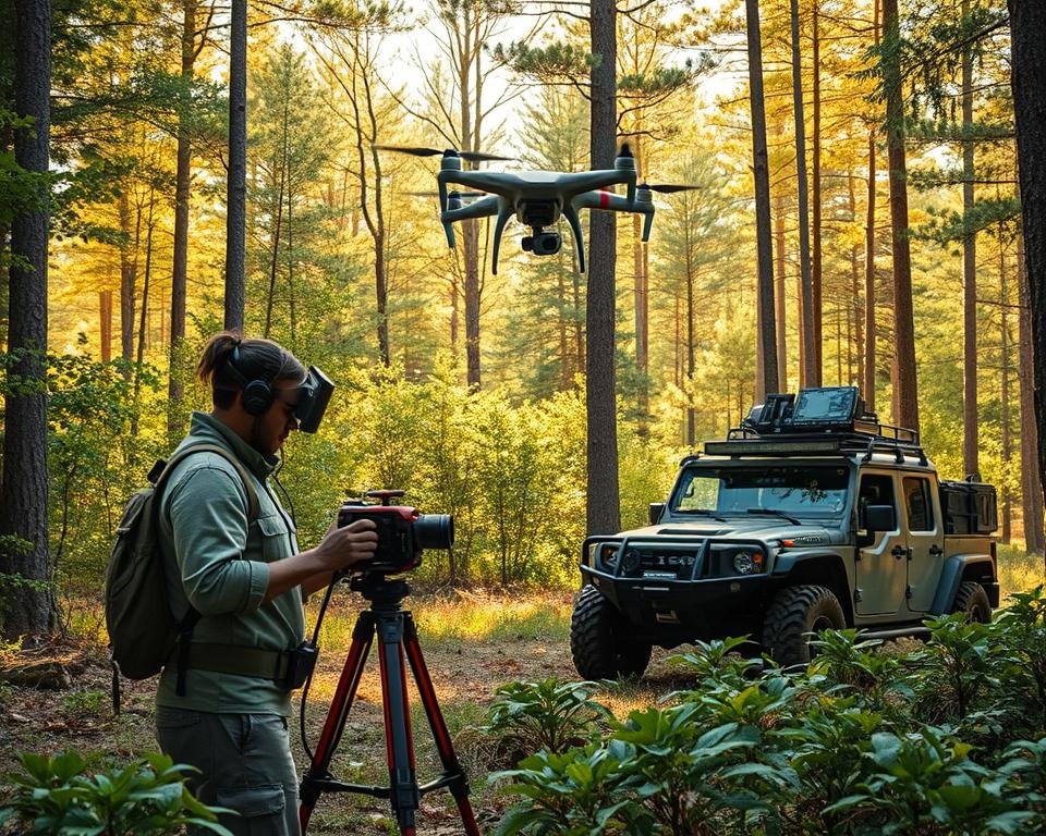 A futuristic forest clearing, with a team of researchers wielding advanced forestry equipment. In the foreground, a technician operates a high-resolution laser scanner, capturing precise 3D data of the surrounding trees. In the middle ground, a drone hovers, its cameras and sensors mapping the canopy and terrain. In the background, a rugged all-terrain vehicle stands ready, equipped with specialized computing gear for on-site data processing. Warm, natural lighting filters through the verdant foliage, creating a sense of exploration and discovery. The overall scene conveys the power of modern forest inventory technology to unlock the hidden secrets of the woodland ecosystem.