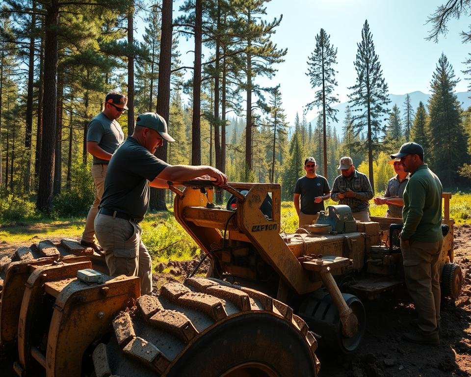 A group of heavy machinery operators diligently training on a rugged, muddy skidder in a lush, verdant forest clearing. Sunlight filters through the canopy, casting warm, golden tones on the scene. In the foreground, a seasoned instructor demonstrates the skidder's controls with precision, guiding a novice operator through the intricacies of maneuvering the powerful vehicle. In the middle ground, other trainees observe intently, taking notes and discussing techniques. In the background, towering trees and a hazy blue sky create a sense of depth and natural tranquility. The atmosphere is one of focused learning, with a touch of adventure and the thrill of mastering a challenging piece of equipment.