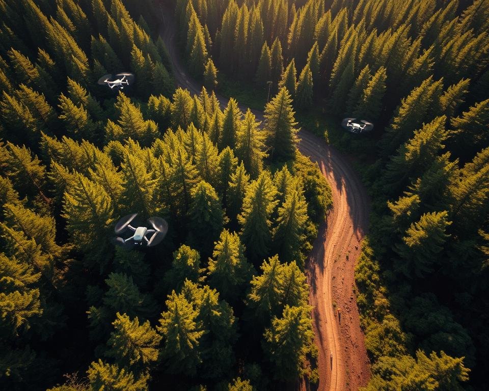 A high-altitude aerial perspective reveals a lush, verdant forest canopy. Drones methodically survey the landscape, their cameras capturing intricate patterns and textures. In the foreground, a cleared forestry track winds through the undergrowth, while in the distance, towering conifers rise majestically. The scene is bathed in warm, golden sunlight, casting long shadows and highlighting the dynamic interplay of light and shadow. The overall mood is one of scientific exploration and environmental stewardship, as the drones gather invaluable data to inform sustainable forestry practices.