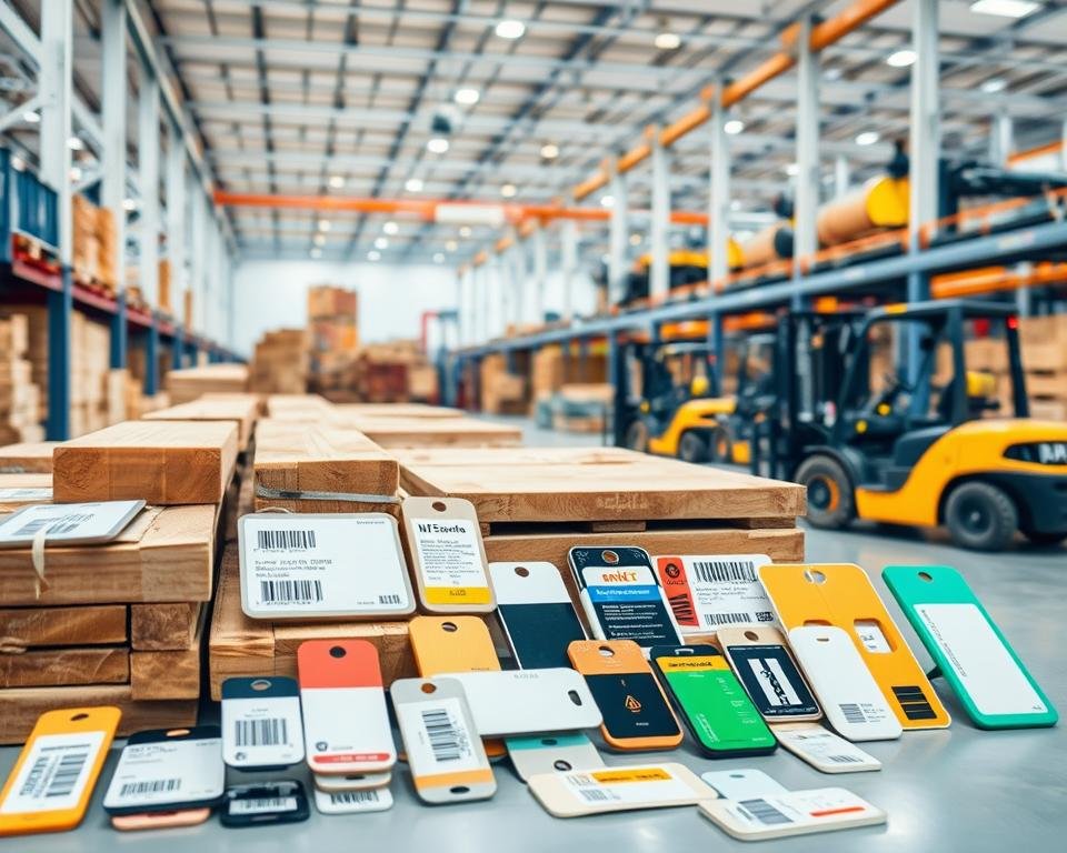 A high-resolution, detailed image of RFID tags used for timber tracking. Foreground shows an array of various RFID tags and labels, including passive UHF, active RFID, and NFC types, each with unique designs and form factors. Middle ground depicts the tags being attached to wooden logs, crates, and pallets. Background showcases a modern warehouse or timber yard setting, with forklifts, conveyor belts, and other industrial equipment. Lighting is bright and even, with a clean, technical atmosphere. The image conveys the comprehensive RFID system components required for efficient, automated timber supply chain tracking.