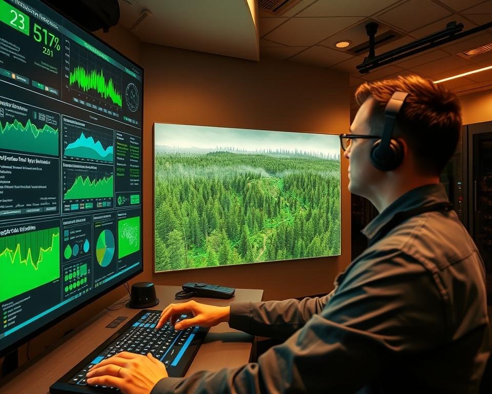 A high-tech forest management control center, with a wall-mounted display showing real-time data on forest health, growth, and resource utilization. In the foreground, a technician operates a sleek, touchscreen interface, overseeing the integration of various silviculture technologies, such as remote sensing drones, autonomous tree-planting robots, and predictive analytics software. The middle ground features a large, holographic projection of a forest landscape, allowing for precision planning and optimization of forestry operations. In the background, rows of servers and data storage hum softly, powering the complex algorithms that drive this cutting-edge silviculture technology. Warm, subdued lighting creates a focused, efficient atmosphere, conveying the idea of sustainable, data-driven forestry management.