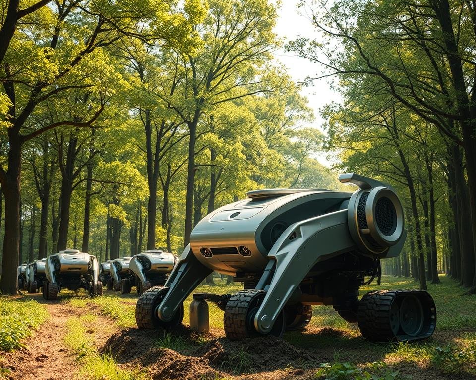 A large, futuristic robotic tree planter stands in a lush, verdant forest. Its sleek, metallic body is adorned with advanced sensors and mechanical arms, meticulously designed to efficiently dig holes, plant saplings, and water them with precision. Sunlight filters through the canopy of mature trees, casting a warm, natural glow on the scene. The robot's movements are smooth and deliberate, a testament to the engineering prowess behind its creation. In the background, a fleet of similar machines can be seen, working in unison to reforest the area. The overall atmosphere is one of technological innovation in harmony with the natural world, showcasing the potential of mechanical tree planting to be both efficient and eco-friendly.