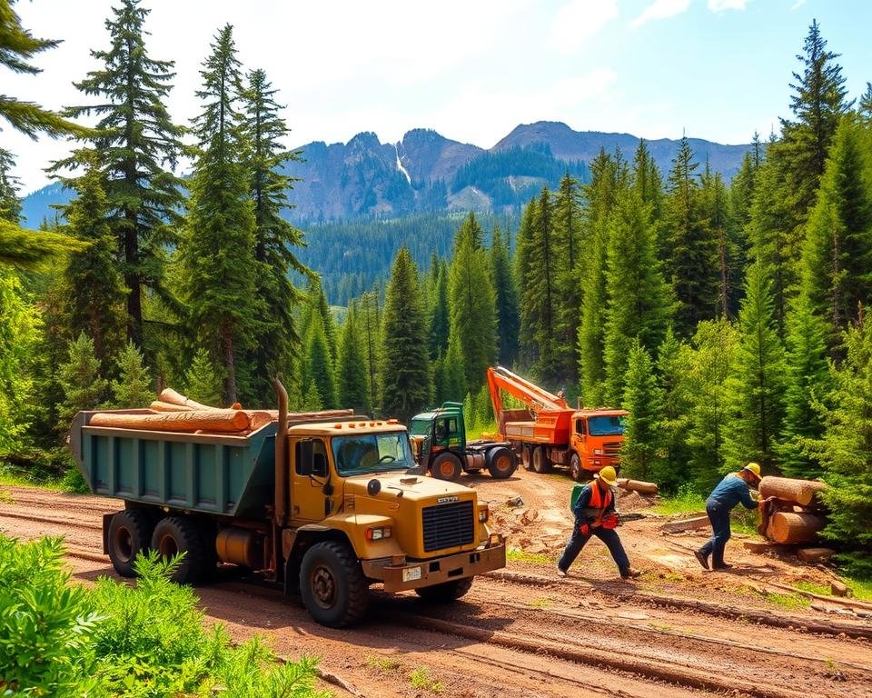 A logging site in a lush forest, with towering evergreen trees and a dappled canopy of sunlight filtering through. In the foreground, a heavy-duty logging truck carefully transports freshly harvested timber, its wheels crunching on the forest floor. In the middle ground, skilled loggers operate powerful chainsaws, skillfully felling trees with precision. The background features a rugged mountainous landscape, with a network of logging roads winding through the terrain. The scene conveys the careful balance of sustainable timber harvesting, blending machinery and human expertise to manage the forest responsibly.