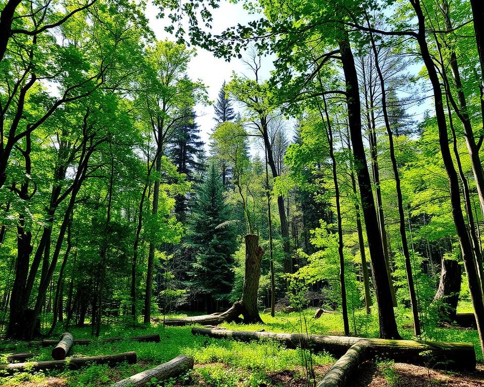 A lush forest canopy, dappled with sunlight, reveals a diverse array of native trees. In the foreground, a carefully thinned stand showcases the benefits of selective harvesting, with young saplings thriving alongside mature specimens. The middle ground features strategically placed fallen logs, creating microhabitats that enhance soil quality and provide refuge for small wildlife. In the background, a mix of conifers and broadleaf species stand tall, their varied heights and growth patterns demonstrating the advantages of uneven-aged management. The scene conveys a sense of balanced, sustainable forestry, where biodiversity is actively nurtured through thoughtful silvicultural techniques.
