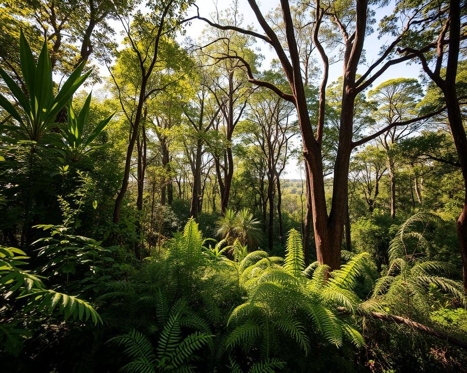 A lush forest canopy, its once vibrant greens now tinged with shades of brown and yellow. In the foreground, invasive plants choke the undergrowth, their alien foliage casting eerie shadows. Sunlight filters through the gaps, illuminating the battle for dominance between native and non-native species. The middle ground reveals the toll of this conflict, with towering trees succumbing to the relentless onslaught, their trunks scarred and bark peeling. In the distance, a once-thriving ecosystem lies in disarray, its delicate balance disrupted by the encroaching invaders. The scene evokes a sense of melancholy, a poignant reminder of the fragility of our natural world.