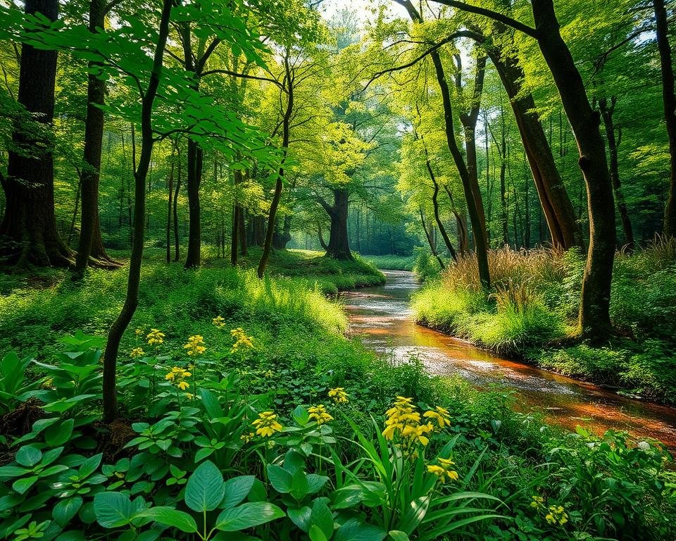 A lush forest canopy, sunlight filtering through the verdant leaves, illuminating a diverse array of plant life on the forest floor. In the foreground, various native seedlings and saplings thrive, their growth nurtured by thoughtful land management practices. The mid-ground showcases a mix of mature trees, their trunks towering towards the sky, their branches hosting a vibrant array of birds and insects. In the background, a tranquil stream meanders, its banks lined with reeds and wildflowers, creating a serene and rejuvenating scene. The overall composition evokes a sense of ecological balance and harmony, a testament to the successful restoration efforts undertaken in this verdant landscape.