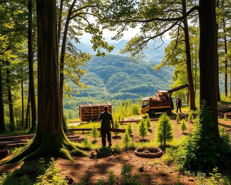 A lush forest clearing, sunlight filtering through the canopy, illuminating a scene of ethical timber procurement. In the foreground, a skilled logger carefully harvests a mature tree, using sustainable techniques to minimize impact. Behind, a team carefully loads the harvested logs onto a low-impact transport vehicle, ensuring responsible handling. In the middle ground, a nursery of young saplings awaits replanting, replenishing the forest. The background depicts a panoramic vista of verdant hills, conveying a sense of harmony between human activity and the natural environment. Crisp, detailed textures, warm natural lighting, and a peaceful, contemplative atmosphere.