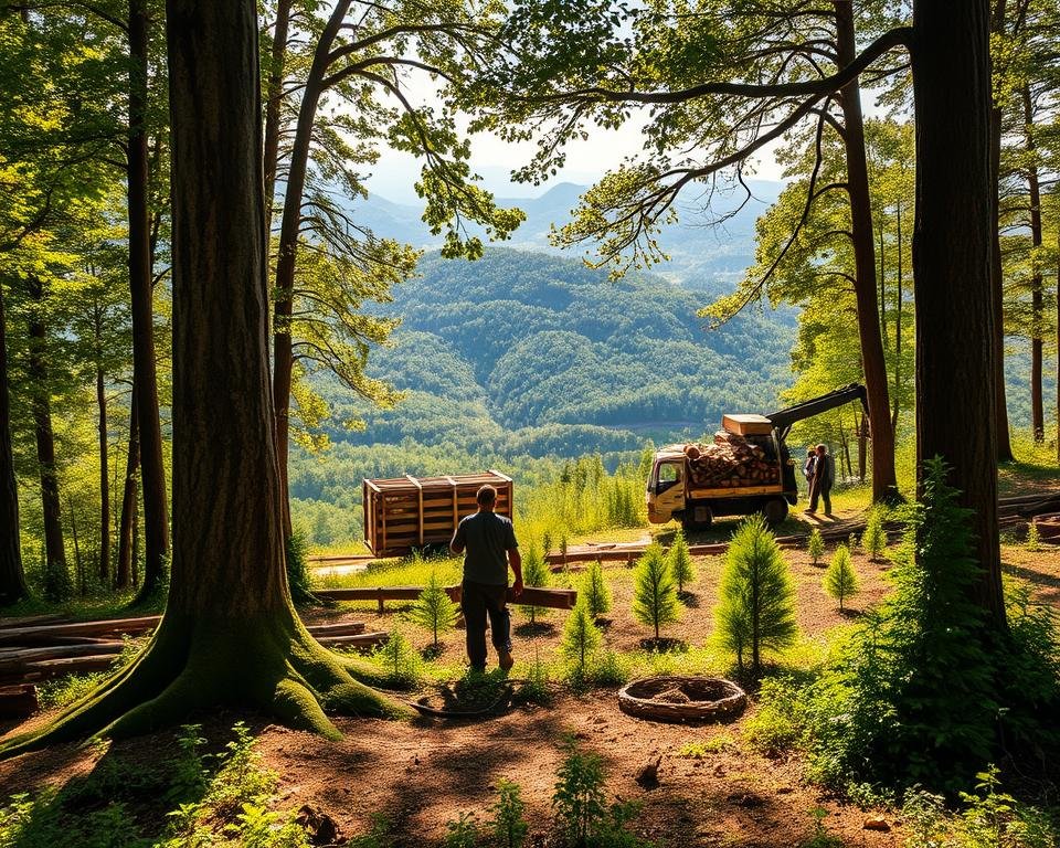 A lush forest clearing, sunlight filtering through the canopy, illuminating a scene of ethical timber procurement. In the foreground, a skilled logger carefully harvests a mature tree, using sustainable techniques to minimize impact. Behind, a team carefully loads the harvested logs onto a low-impact transport vehicle, ensuring responsible handling. In the middle ground, a nursery of young saplings awaits replanting, replenishing the forest. The background depicts a panoramic vista of verdant hills, conveying a sense of harmony between human activity and the natural environment. Crisp, detailed textures, warm natural lighting, and a peaceful, contemplative atmosphere. A lush forest clearing, sunlight filtering through the canopy, illuminating a scene of ethical timber procurement. In the foreground, a skilled logger carefully harvests a mature tree, using sustainable techniques to minimize impact. Behind, a team carefully loads the harvested logs onto a low-impact transport vehicle, ensuring responsible handling. In the middle ground, a nursery of young saplings awaits replanting, replenishing the forest. The background depicts a panoramic vista of verdant hills, conveying a sense of harmony between human activity and the natural environment. Crisp, detailed textures, warm natural lighting, and a peaceful, contemplative atmosphere.