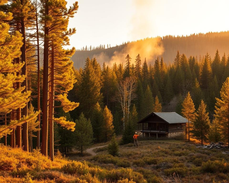 A lush forest landscape bathed in warm golden sunlight, showcasing best practices for wildfire prevention in silviculture. In the foreground, a skilled forester expertly thins a stand of trees, clearing underbrush and creating defensible space around a rustic cabin. The middle ground features a prescribed burn, with controlled flames dancing among the trees, safely reducing fuel loads. In the distance, a panoramic view of the forest canopy, where selective thinning and managed regrowth demonstrate sustainable forestry techniques that mitigate wildfire risk. Crisp details, realistic textures, and a sense of peaceful harmony convey the essential role of responsible land management in protecting these vital natural resources.