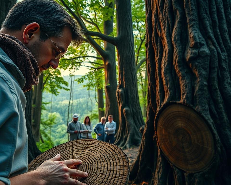 A lush forest of ancient trees, their rings revealing the secrets of past climates. In the foreground, a researcher carefully examines a core sample, tracing the intricate patterns that tell the story of environmental change. The soft, warm lighting casts an ethereal glow, as if the trees themselves are whispering their tales. In the middle ground, a team of scientists pores over data, their expressions intense with focus. In the background, a panoramic view of the forest canopy, the leaves rustling gently in the breeze, a testament to the resilience of nature. This image captures the essence of dendrochronology, the scientific study of tree rings, and its vital role in unraveling the mysteries of climate change.
