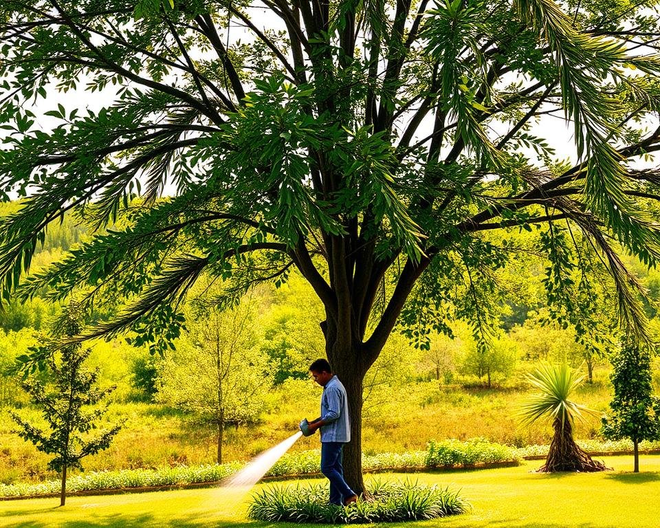 A lush garden setting with a mature deciduous tree in the foreground. The tree's branches are gently swaying in a light breeze, and sunlight filters through the leaves, casting a warm, dappled glow. In the middle ground, a person is carefully watering the tree's base, their movements fluid and attentive. The background features a verdant landscape with other trees and plants, conveying a sense of tranquility and growth. The lighting is soft and natural, with a subtle warm tone that enhances the earthy, organic feel of the scene. The composition is balanced and visually appealing, inviting the viewer to appreciate the act of tree care and the beauty of the natural world. A lush garden setting with a mature deciduous tree in the foreground. The tree's branches are gently swaying in a light breeze, and sunlight filters through the leaves, casting a warm, dappled glow. In the middle ground, a person is carefully watering the tree's base, their movements fluid and attentive. The background features a verdant landscape with other trees and plants, conveying a sense of tranquility and growth. The lighting is soft and natural, with a subtle warm tone that enhances the earthy, organic feel of the scene. The composition is balanced and visually appealing, inviting the viewer to appreciate the act of tree care and the beauty of the natural world.