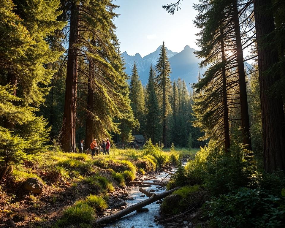 A lush, old-growth forest with towering trees and a diverse understory teeming with life. Sunlight filters through the canopy, casting a warm glow on the scene. In the foreground, a group of people engage in forest conservation efforts, planting saplings and removing invasive species. In the middle ground, a stream winds its way through the forest, home to a variety of aquatic life. In the background, rugged mountains rise up, their peaks capped with snow. The overall atmosphere conveys a sense of balance, harmony, and the importance of preserving the delicate balance of forest ecosystems.