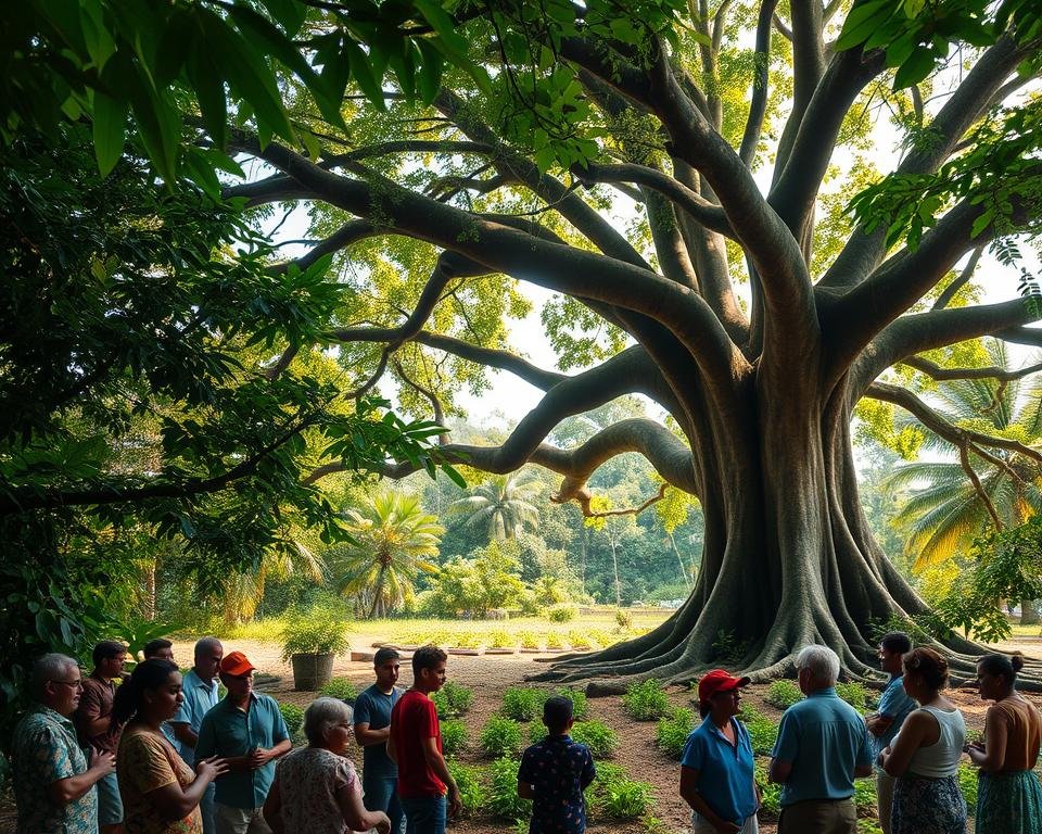 A lush tropical forest canopy frames a community gathering beneath a massive, sprawling exotic tree. Sunlight filters through the verdant foliage, casting a warm, dappled glow on the scene below. In the foreground, local residents of diverse ages and backgrounds are engaged in animated discussion, their gestures and expressions conveying a sense of collaborative stewardship. The middle ground reveals carefully tended gardens and small-scale agricultural plots, evidence of the community's sustainable management practices. In the background, the tree's towering trunk and intricate root system anchor the landscape, a testament to the delicate balance between human and natural systems.