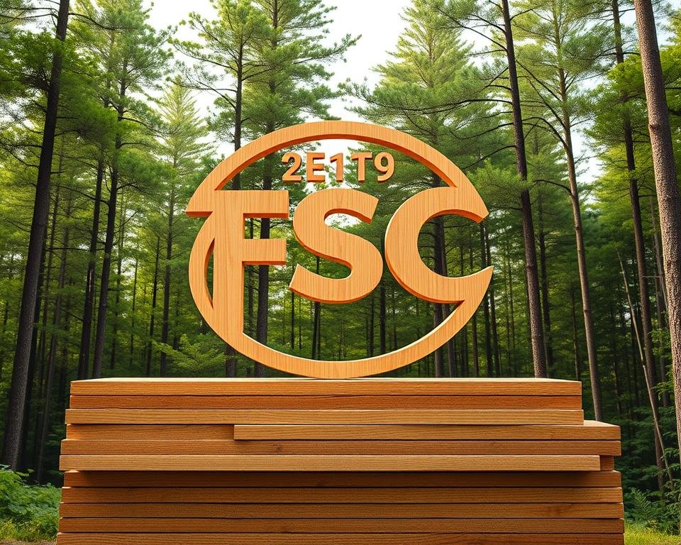 A lush, verdant forest backdrop serves as the canvas for a prominent, three-dimensional FSC (Forest Stewardship Council) certification logo, rendered in a warm, earthy palette. The logo stands tall and proud, its intricate design and crisp edges illuminated by soft, natural lighting that filters through the canopy of towering trees. In the foreground, a stack of neatly sawn timber planks, their uniform grain and smooth texture conveying the high quality and responsible sourcing associated with FSC-certified wood products. The overall scene evokes a sense of environmental stewardship, sustainability, and the harmonious integration of human activity within the natural world.
