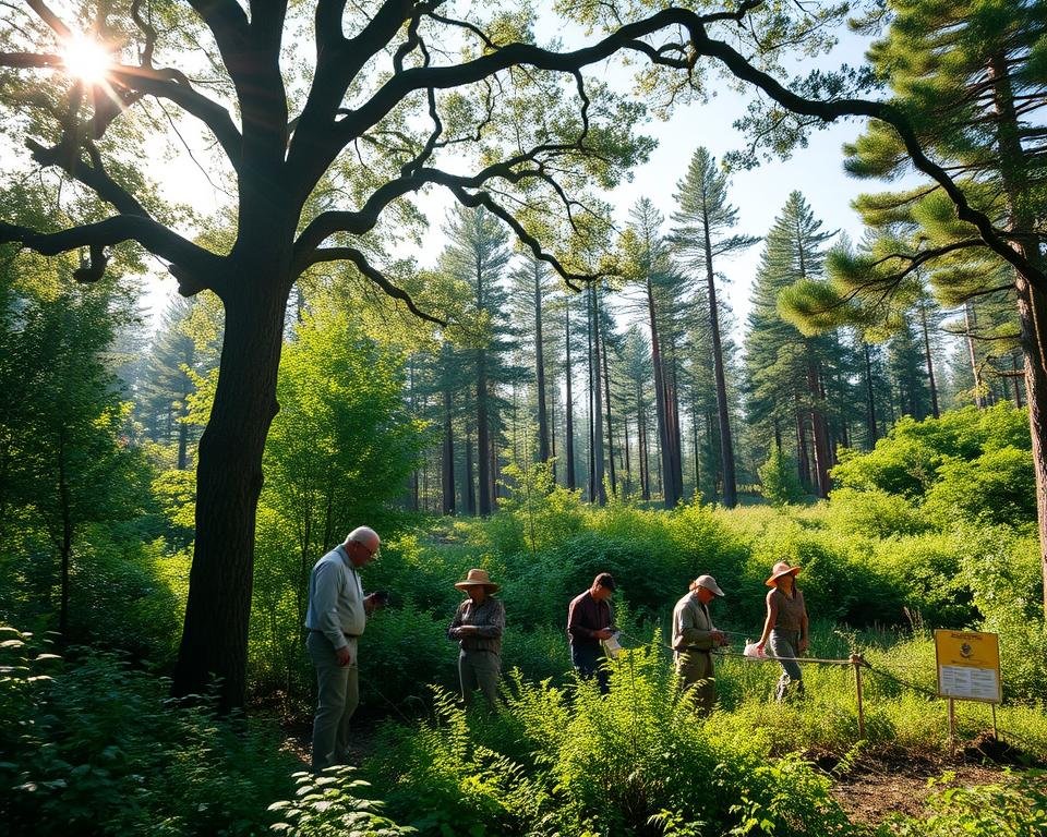 A lush, verdant forest bathed in soft, warm sunlight. In the foreground, a forestry expert meticulously examines the bark and foliage of a stately oak tree, assessing its health and vigor. The middle ground reveals a team of researchers diligently cataloging plant species and collecting soil samples, their expressions focused and determined. In the background, a sweeping vista of towering pines and dense underbrush, the canopy alive with the flutter of birds and the buzz of insects. A sense of tranquility and scientific inquiry permeates the scene, conveying the importance of regular forest health assessments for maintaining the delicate balance of this vital ecosystem.