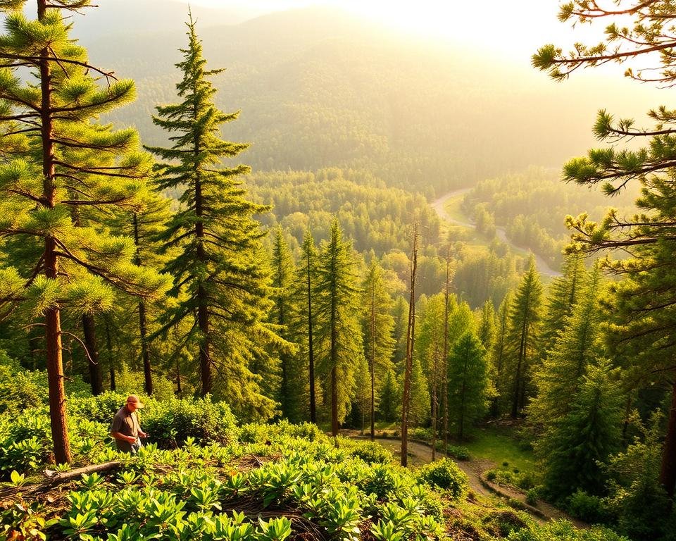 A lush, verdant forest bathed in warm, diffused sunlight. In the foreground, a skilled forester meticulously selects mature trees for sustainable harvesting, preserving the forest's ecological balance. The middle ground showcases a diverse array of native flora and fauna, thriving under the canopy's gentle embrace. In the background, a network of well-maintained trails wind through the landscape, inviting visitors to explore this sustainably managed ecosystem. The scene conveys a sense of harmony between human stewardship and the natural world, reflecting the principles of responsible forestry practices.