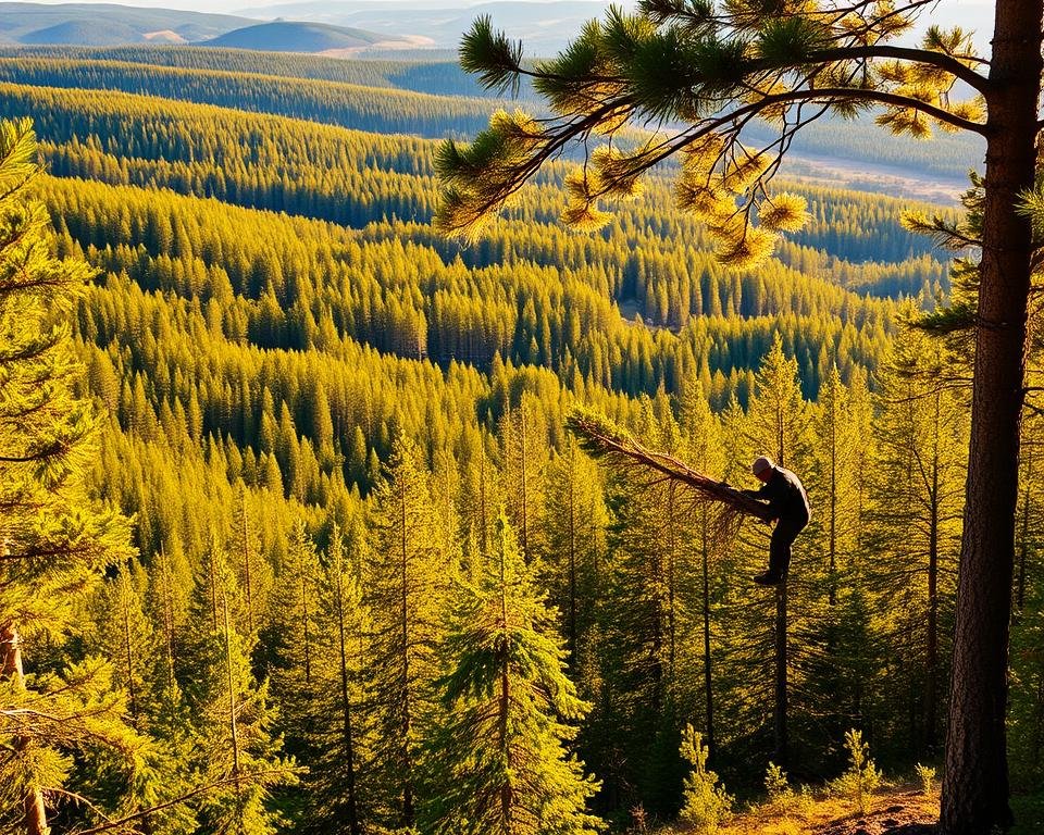 A lush, verdant forest bathed in warm, golden sunlight. In the foreground, a logger carefully harvests a mature tree, using sustainable techniques to minimize environmental impact. The middle ground showcases a diverse mix of young saplings and mature trees, indicating a healthy, regenerating ecosystem. In the background, rolling hills and a distant horizon suggest a vast, well-managed forest landscape. The scene conveys a sense of balance and harmony between human activity and the natural world, exemplifying the principles of sustainable forestry practices.