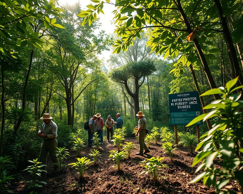 A lush, verdant forest canopy fills the frame, sunlight filtering through the leaves to illuminate a scene of active conservation efforts. In the foreground, park rangers and volunteers diligently plant saplings, their hands nurturing the next generation of trees. In the middle ground, a team of researchers surveys the forest floor, carefully cataloging the diverse flora and fauna. Farther back, a sign detailing the protected status of the area stands as a testament to the community's commitment to preserving this natural wonder. The mood is one of dedication and hope, with a soft, golden glow permeating the scene, capturing the essence of the vital work being done to safeguard the forest's rich biodiversity.