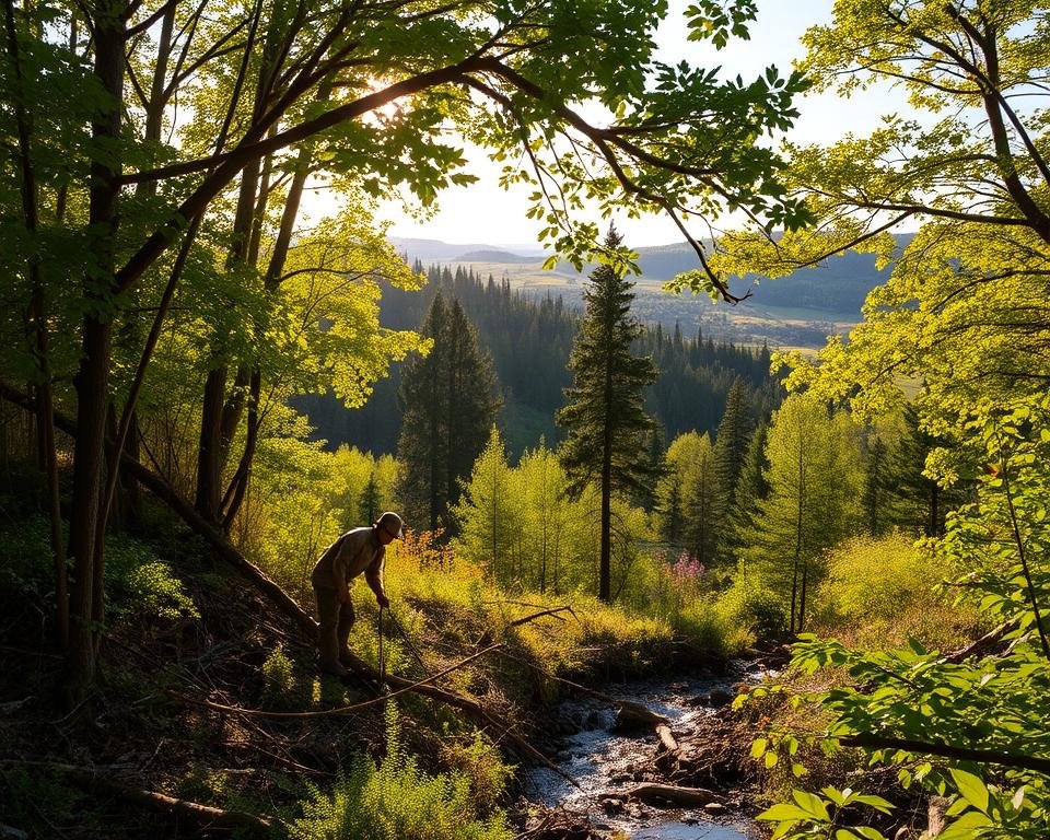 A lush, verdant forest canopy illuminated by warm, golden sunlight filtering through the leaves. In the foreground, a team of forestry workers carefully tending to the undergrowth, selectively pruning branches and clearing fallen debris to promote healthy growth. The middle ground showcases a diverse array of native flora, including towering evergreens, vibrant flowering plants, and a babbling brook. In the background, a hilly landscape stretches out, dotted with additional pockets of well-managed, sustainable forestry operations. The scene conveys a sense of harmony between human stewardship and the natural environment, reflecting the principles of responsible, eco-friendly resource management.