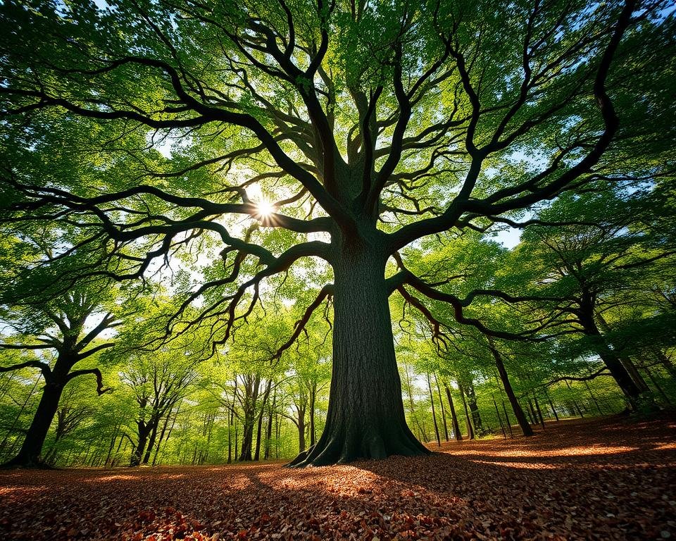 A lush, verdant forest canopy stretches across the frame, its branches thick with vibrant green foliage. Sunlight filters through the leaves, casting a warm, golden glow over the scene. In the foreground, a towering oak tree stands majestically, its trunk adorned with intricate bark patterns. Beneath the trees, a carpet of rich, loamy soil is covered in a layer of fallen leaves and organic matter, signifying the active process of carbon sequestration. The image conveys a sense of tranquility and the harmonious balance between nature and the natural carbon cycle. Captured with a wide-angle lens, the composition emphasizes the scale and grandeur of the forest, showcasing its pivotal role in the global effort to mitigate climate change through the sequestration of atmospheric carbon dioxide.