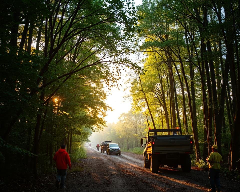 A lush, verdant forest canopy stretches across the frame, sunlight filtering through the dense foliage. In the foreground, a team of forestry workers carefully selects and harvests mature trees, using sustainable techniques that minimize impact. Midground, a modern logging vehicle navigates the terrain, its low-impact design leaving minimal disturbance. In the background, young saplings grow, signaling the forest's natural regeneration. The scene conveys a harmonious balance between human activity and environmental preservation, with a warm, golden-hour glow casting a tranquil mood over the sustainable forestry practices. A lush, verdant forest canopy stretches across the frame, sunlight filtering through the dense foliage. In the foreground, a team of forestry workers carefully selects and harvests mature trees, using sustainable techniques that minimize impact. Midground, a modern logging vehicle navigates the terrain, its low-impact design leaving minimal disturbance. In the background, young saplings grow, signaling the forest's natural regeneration. The scene conveys a harmonious balance between human activity and environmental preservation, with a warm, golden-hour glow casting a tranquil mood over the sustainable forestry practices.
