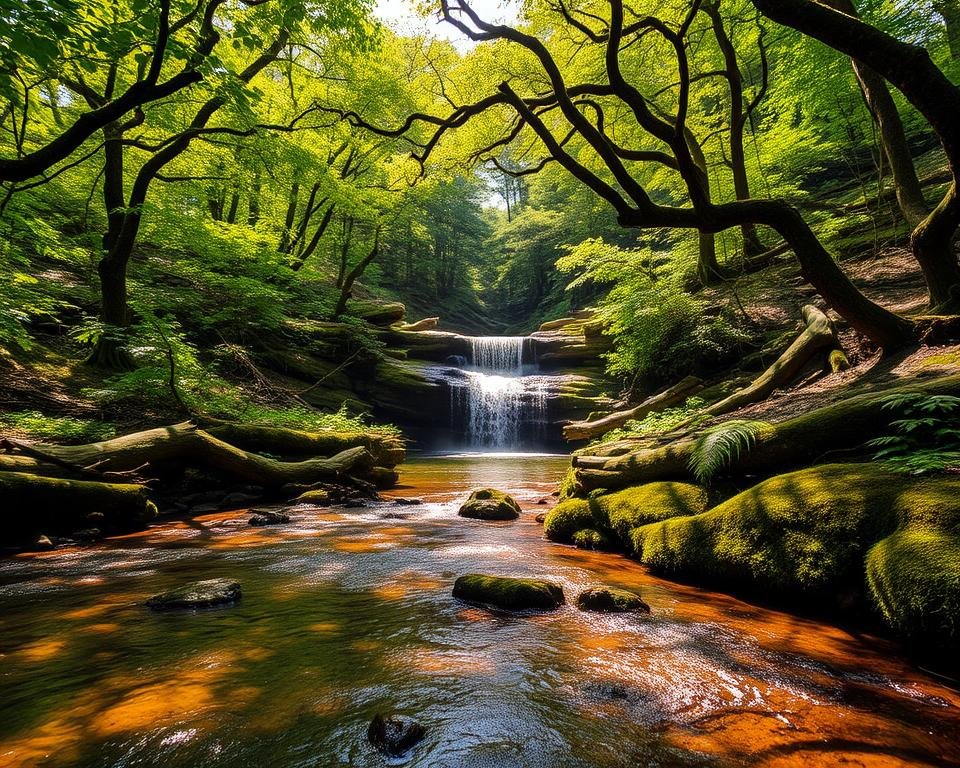 A lush, verdant forest canopy stretches into the distance, its intricate web of branches and leaves casting dappled shadows on the forest floor. In the foreground, a gently flowing stream meanders through the undergrowth, its crystal-clear waters reflecting the vibrant greens and browns of the surrounding landscape. Sunlight filters through the leaves, creating a warm, natural illumination that highlights the rich textures of the mosses, ferns, and fallen logs. In the middle ground, a small waterfall cascades over a rocky outcrop, its misty spray nourishing the thriving ecosystem. The overall scene conveys a sense of balance and harmony, showcasing the dynamic water cycle that sustains the delicate forest ecosystem.