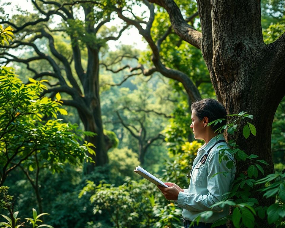 A lush, verdant forest canopy stretches out in the midground, its diverse array of trees casting dappled shadows on the forest floor below. In the foreground, a scientist closely examines the bark and leaves of a specimen, clipboard in hand, meticulously documenting its genetic traits. The background is filled with towering, ancient trees, their twisted trunks and gnarled branches suggesting a rich evolutionary history. Soft, warm lighting filters through the foliage, creating a serene, contemplative atmosphere as the researcher works to uncover the secrets of this tree's genetic diversity.
