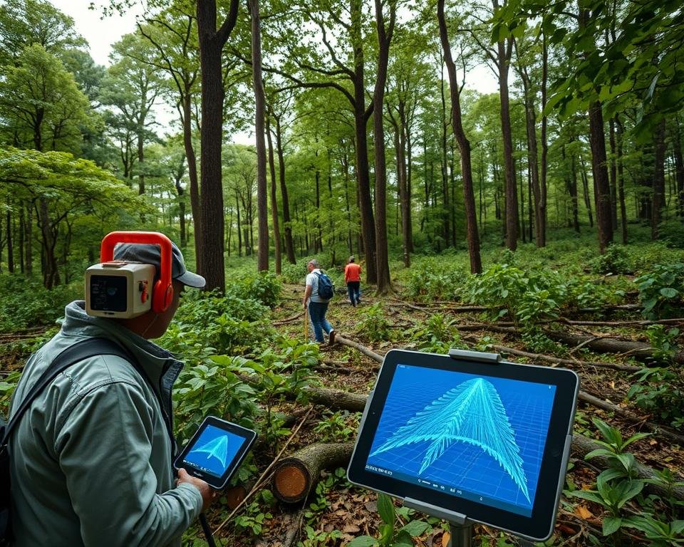 A lush, verdant forest canopy stretches out under the soft, diffused light of an overcast day. In the foreground, a researcher carefully operates a high-precision laser scanning device, its pointed beam tracing the contours of fallen timber and undergrowth. Intricate 3D point cloud data is displayed on a nearby tablet, revealing the detailed structure and volume of the forest yield. In the middle ground, other researchers move through the undergrowth, gathering additional measurements and samples. The background is filled with towering trees, their trunks and branches casting delicate shadows across the forest floor. The overall scene conveys a sense of scientific exploration and data-driven forest management within a serene, natural setting.