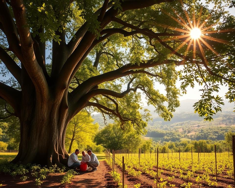 A lush, verdant forest canopy, the sun's golden rays filtering through the dense foliage. In the foreground, a team of scientists carefully collecting samples from the base of a towering, ancient oak tree, its gnarled trunk a testament to the passage of time. In the middle ground, a nursery of young saplings, their delicate leaves rustling in the gentle breeze, a symbol of the future. In the background, a rolling landscape of hills and valleys, a tapestry of diverse tree species, each with its own unique genetic makeup, a testament to the richness of nature's bounty. The scene is imbued with a sense of reverence and responsibility, as the scientists work to preserve the genetic diversity of these vital ecosystems.
