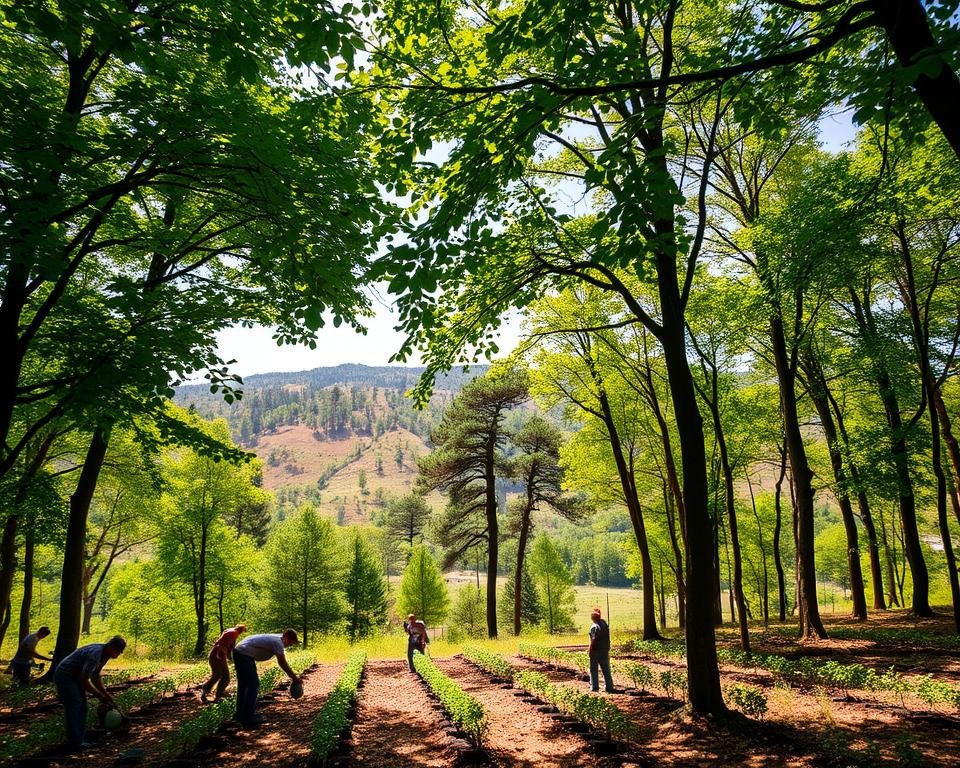 A lush, verdant forest canopy with dappled sunlight filtering through the leaves. In the foreground, a group of workers carefully tending to young saplings, their movements measured and deliberate. The middle ground showcases a well-managed, selectively harvested area, where mature trees stand tall and healthy, their branches reaching skyward. In the background, rolling hills dotted with untouched, ancient growth, a testament to the sustainable practices employed. Warm, earthy tones and a sense of balance and harmony pervade the scene, captured by a wide-angle lens to convey the scale and scope of this responsible forestry operation.