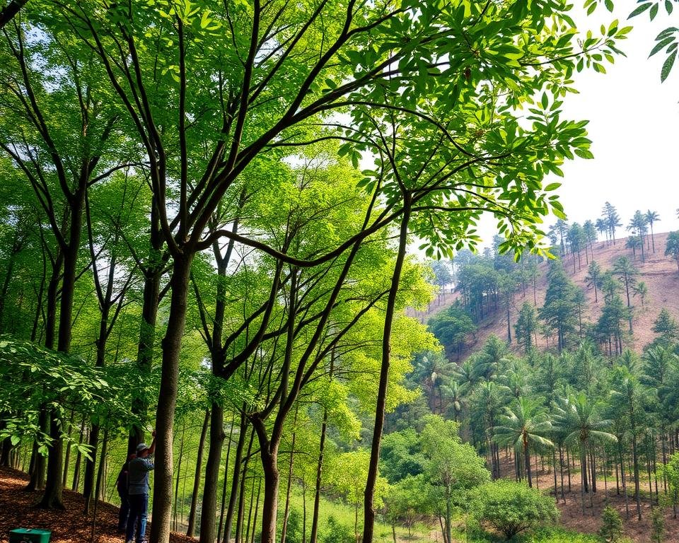 A lush, verdant forest canopy with sunlight filtering through the leaves, illuminating a well-managed silviculture practice. In the foreground, a team of forestry workers carefully prune and thin the trees, promoting the health and regeneration of the ecosystem. The middle ground showcases a diverse array of native tree species, each at different stages of growth, reflecting a balanced, sustainable approach. In the background, a gently sloping landscape dotted with more mature trees, their trunks straight and strong, a testament to the long-term vision of the silviculture management. The scene exudes a sense of harmony and ecological responsibility, with the workers' actions nurturing the forest's natural resilience.