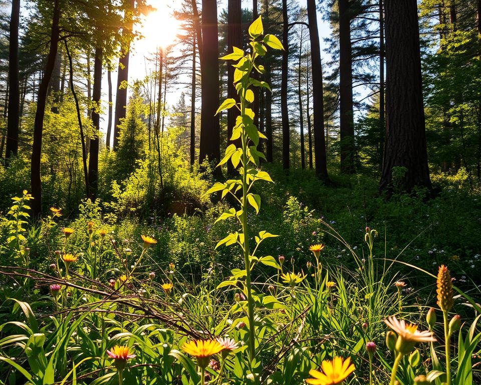 A lush, verdant forest clearing, bathed in warm, golden afternoon sunlight filtering through the canopy. In the foreground, a diverse array of native plants and wildflowers bloom, their vibrant hues and delicate petals a testament to the healthy, thriving ecosystem. In the middle ground, a young sapling of a native tree species stands tall, its fresh green leaves rustling gently in the soft breeze. The background is filled with the towering, majestic trunks of mature native trees, their branches creating a natural cathedral-like ceiling overhead. The scene exudes a sense of balance, harmony, and the rejuvenating power of nature's restoration.