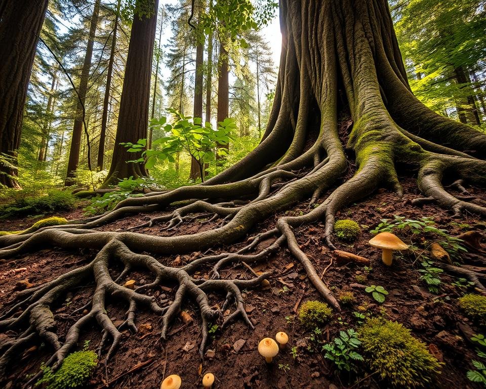 A lush, verdant forest floor showcases the intricate interplay between towering trees and the rich, fertile soil beneath. In the foreground, gnarled tree roots snake through the loamy earth, anchoring the mighty trunks and drawing vital nutrients and moisture from the ground. Delicate mushrooms and vibrant mosses carpet the forest floor, evidence of the thriving microbial community that facilitates the exchange of resources between the trees and the soil. Dappled sunlight filters through the canopy above, casting a warm, golden glow over the scene and highlighting the dynamic ecosystem at work. A wide-angle lens captures the depth and complexity of this tree-soil interface, inviting the viewer to explore the vital, symbiotic relationship that sustains the forest.