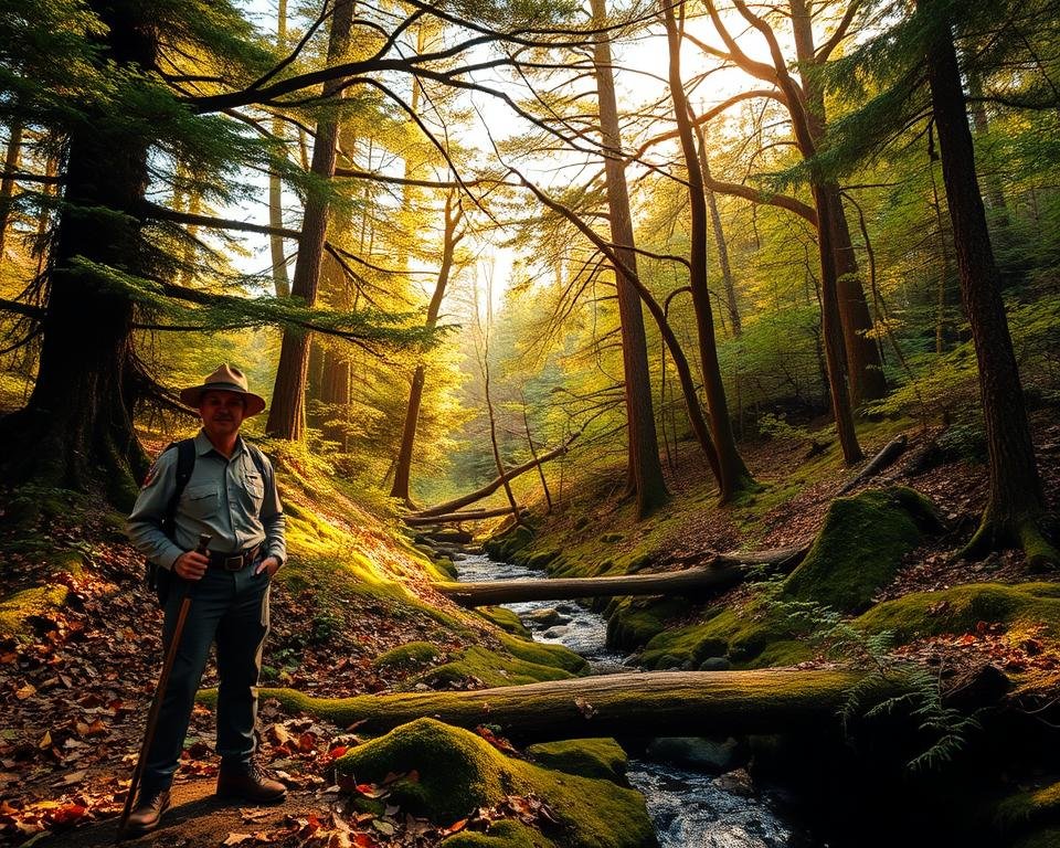 A lush, verdant forest landscape under a warm, golden afternoon light. In the foreground, a ranger stands vigilant, protecting the ecosystem with a sturdy hiking stick and a determined gaze. Towering evergreens and deciduous trees form a dense, layered canopy, their branches intertwined, filtering the sunlight. Fallen leaves and moss-covered logs dot the forest floor, creating a rich, fertile environment. A small stream winds through the undergrowth, its crystal-clear waters reflecting the natural beauty. The scene conveys a sense of harmony, balance, and the vital importance of preserving this delicate forest ecosystem.