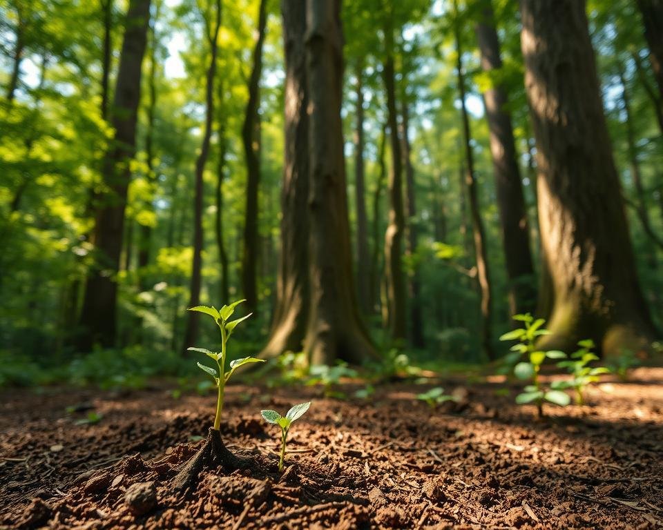 A lush, verdant forest scene depicting forest regeneration techniques. In the foreground, a young sapling sprouts from the rich, loamy soil, its delicate leaves reaching towards the dappled sunlight filtering through the canopy above. In the middle ground, a diverse array of native tree species stand tall, their trunks scarred by the passage of time yet strong and resilient. In the background, the dense foliage creates a sense of depth and mystery, hinting at the intricate web of life that sustains the forest ecosystem. The scene is bathed in a warm, golden glow, conveying a sense of rejuvenation and growth. Crisp, high-resolution details with a 50mm lens, creating a naturalistic, immersive experience.